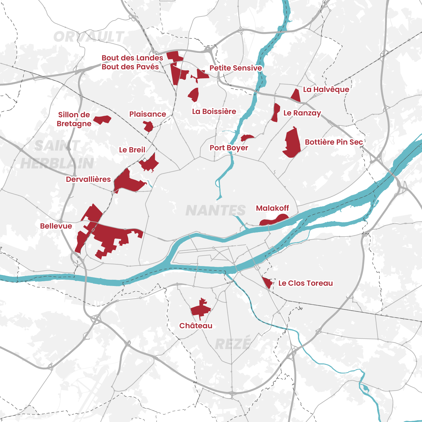 Emplacements des QPV à Nantes Métropole